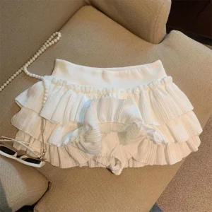 Sweet Puffy Cake Women Skirts Korean Fashion Ruched Ruffle Mini Skirt Campus Harajuku Casual Versatile Elastic Waist Solid Skirt