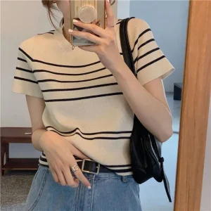 Women's Classic Striped Basic T-Shirts Korean Style O-Neck Summer Knitting T Shirt Female Vintage Y2K Contrast Short Sleeve Tees
